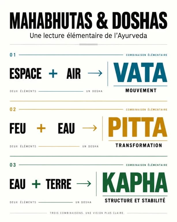 Schéma visuel ayurveda dosha reliant les cinq éléments à Vata, Pitta et Kapha