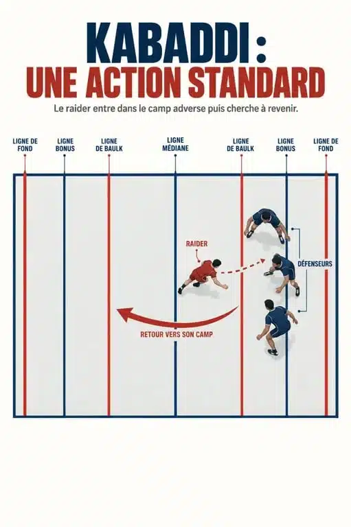 Infographie du terrain et d’un raid de sports kabaddi avec le raider et les défenseurs