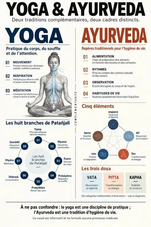 Infographie éditoriale sur le lien entre yoga and ayurveda, les huit branches du yoga et les trois doshas