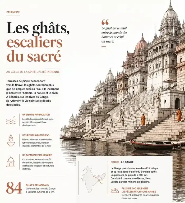 Ghât traditionnel au bord d'un fleuve sacré en Inde