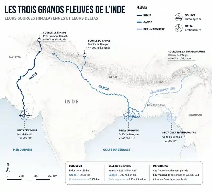Carte des principaux fleuves indiens : Indus, Gange et Brahmapoutre