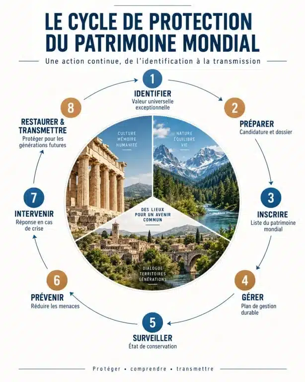 Rôle de l’UNESCO dans la protection du patrimoine : cycle de conservation, de l’inscription à la restauration