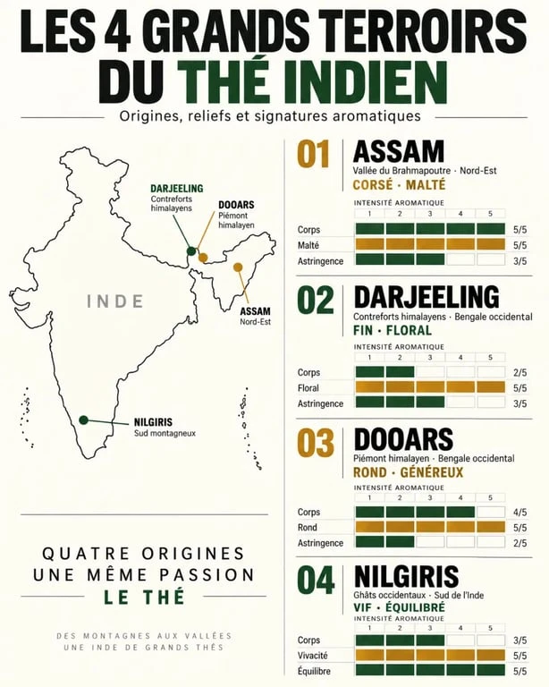 Thé indien : infographie des terroirs Assam, Darjeeling, Dooars et Nilgiris