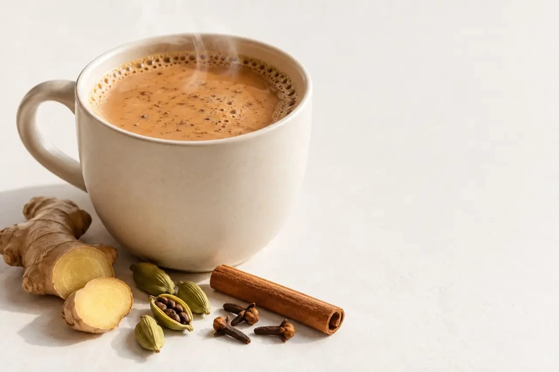 Thé indien masala chai au lait et aux épices dans une tasse