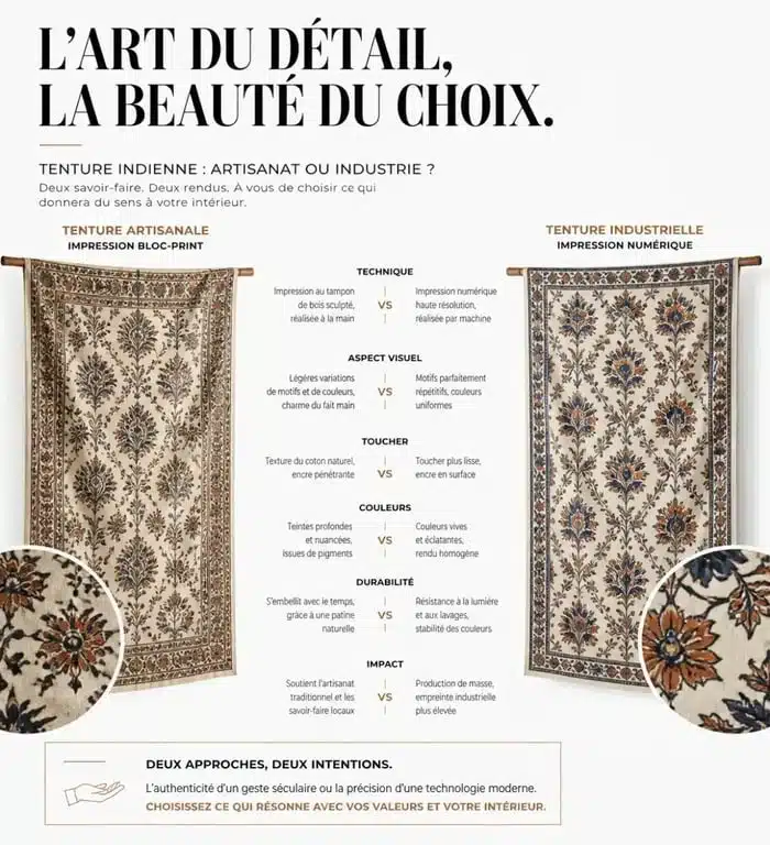 Comparatif visuel entre une tenture indienne artisanale et une impression industrielle pour décorer son intérieur