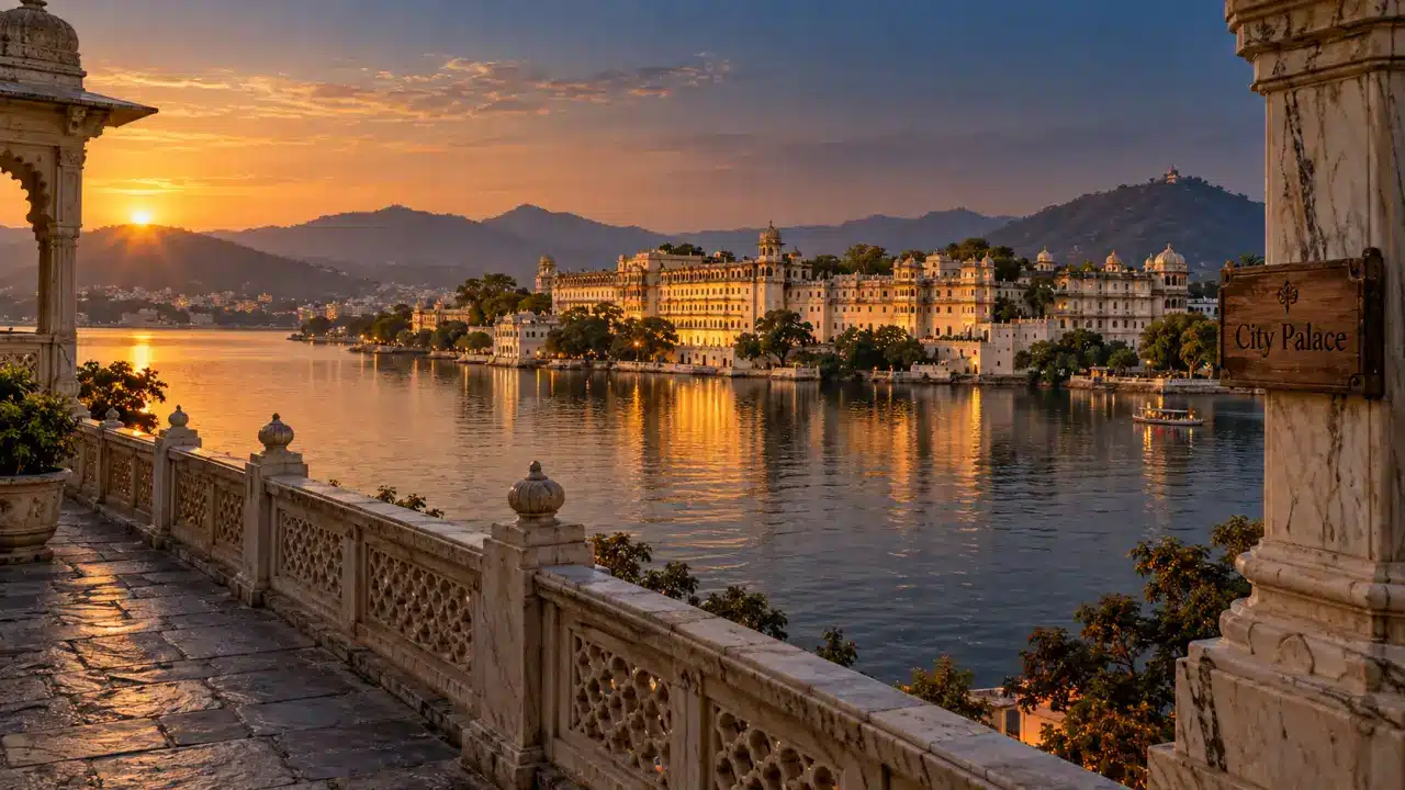 Palais en inde : City Palace d’Udaipur reflété dans le lac Pichola, golden hour