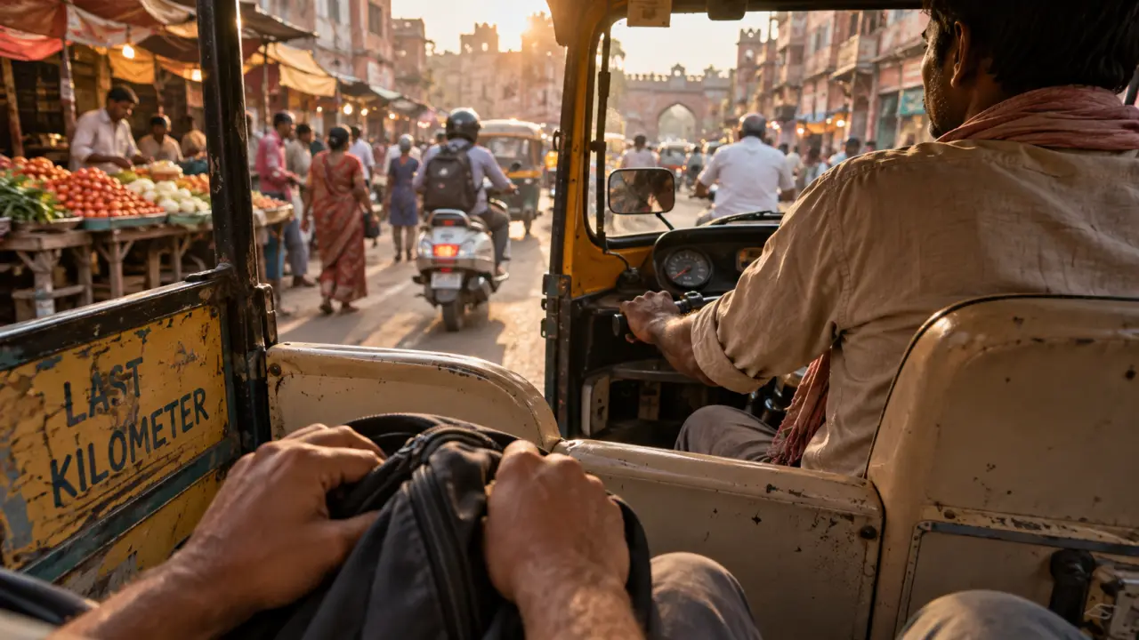 Rickshaw inde en ville : passager et conducteur, rue étroite