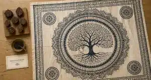 Tenture indienne artisanale, motifs mandala sur coton naturel