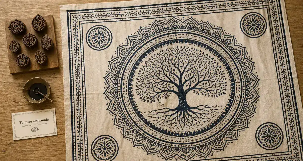 Tenture indienne artisanale, motifs mandala sur coton naturel