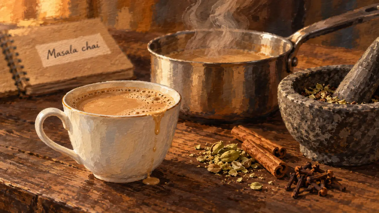 Thé indien masala chai, tasse fumante et épices