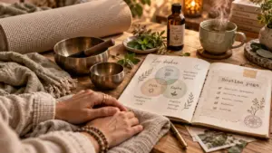 Yoga and Ayurveda : routine quotidienne, carnet et bols sur table en bois
