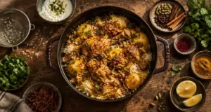 briyani poulet en couches au safran, riz séparé