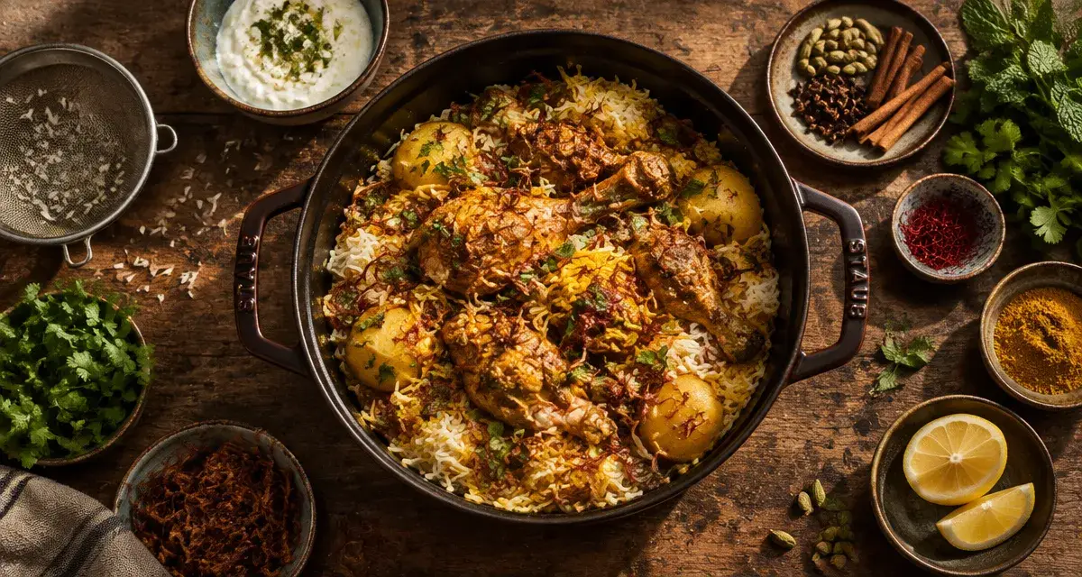 briyani poulet en couches au safran, riz séparé
