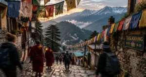 Daramsala, ruelle de McLeod Ganj avec drapeaux de prière tibétains