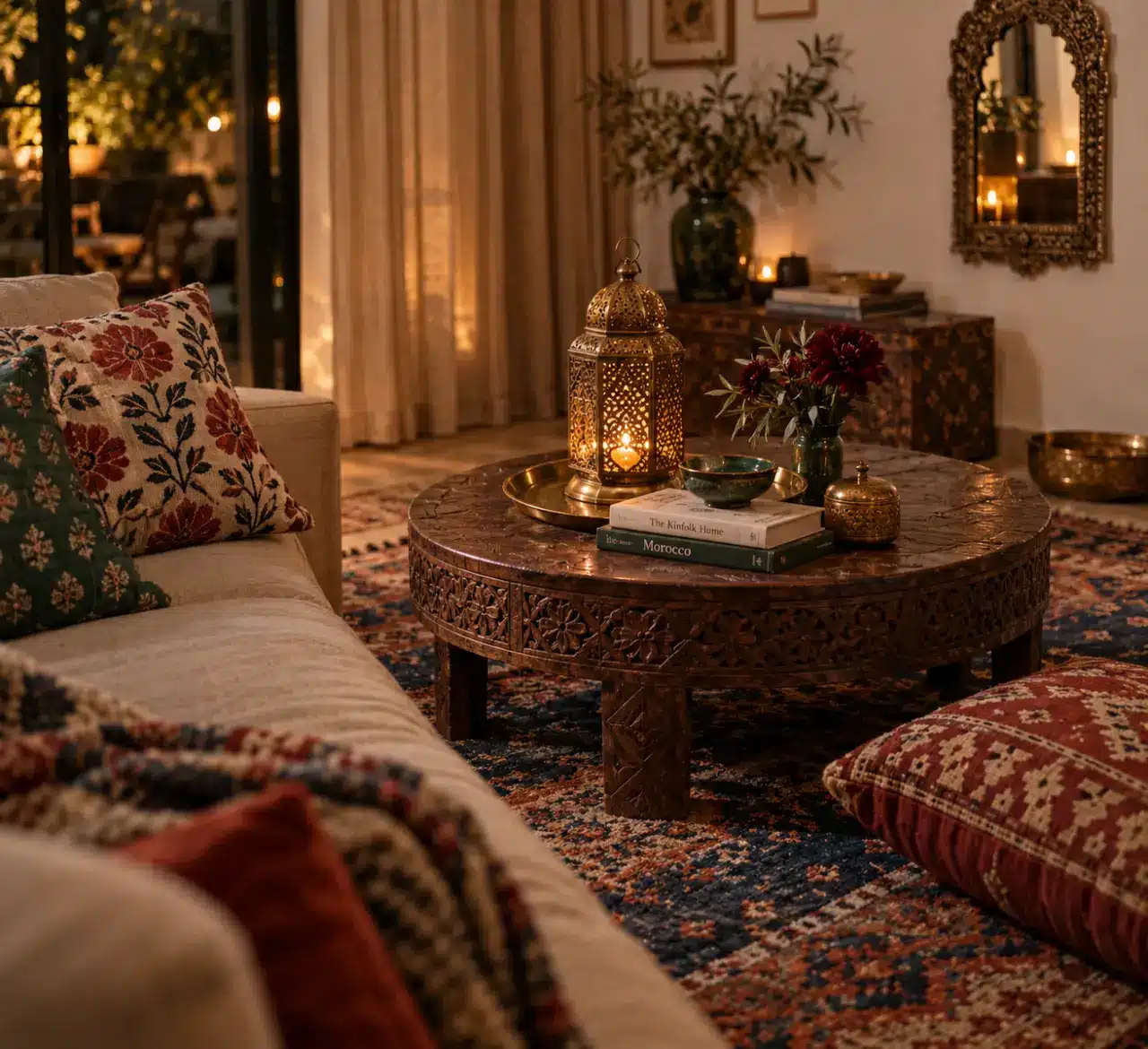 Déco indienne chaleureuse : tapis tissé, lanterne dorée, coussins imprimés
