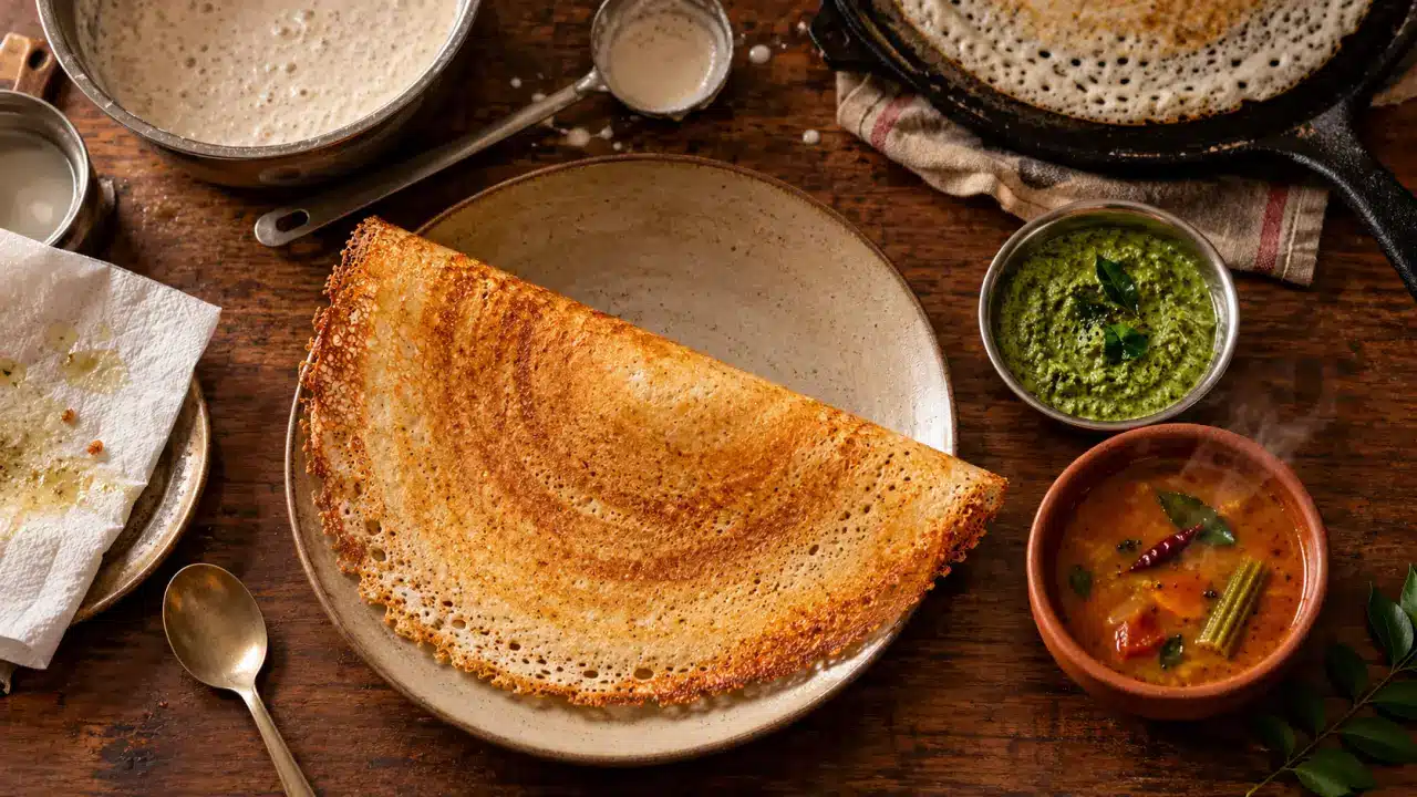 Dosa inde croustillante, pâte fermentée et chutney vert