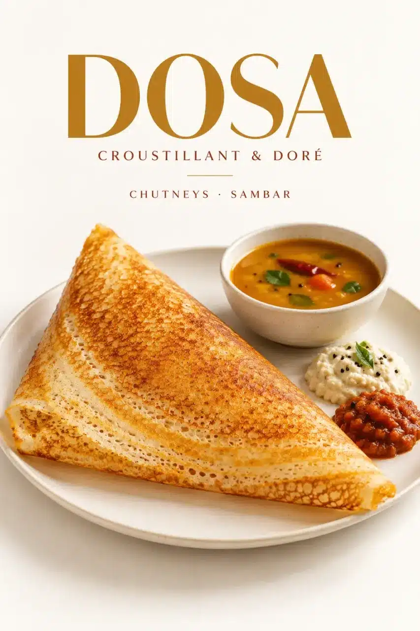 Dosa inde croustillant servi avec chutney et sambar
