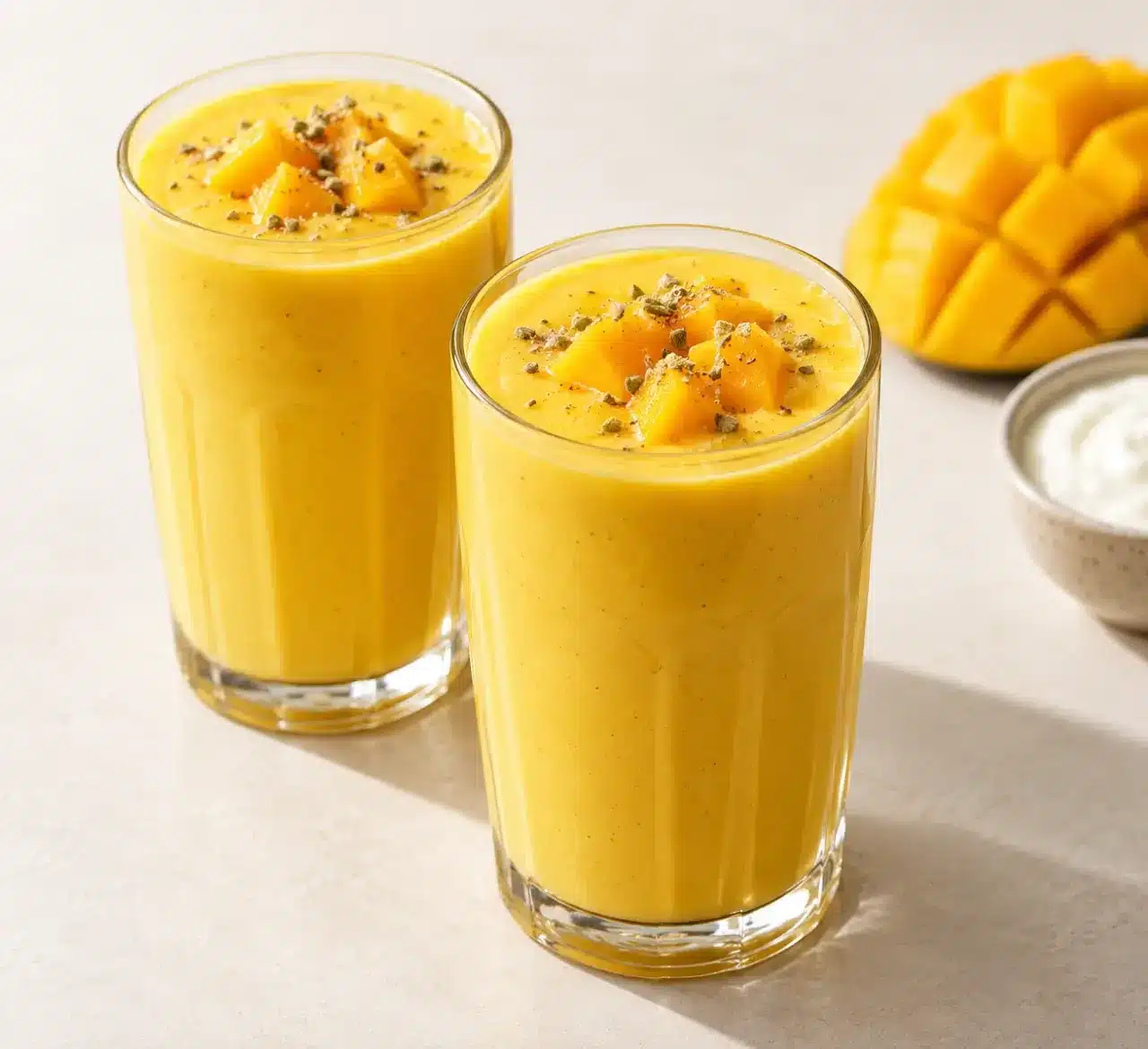 Lassi mangue onctueux servi dans deux verres avec des dés de mangue