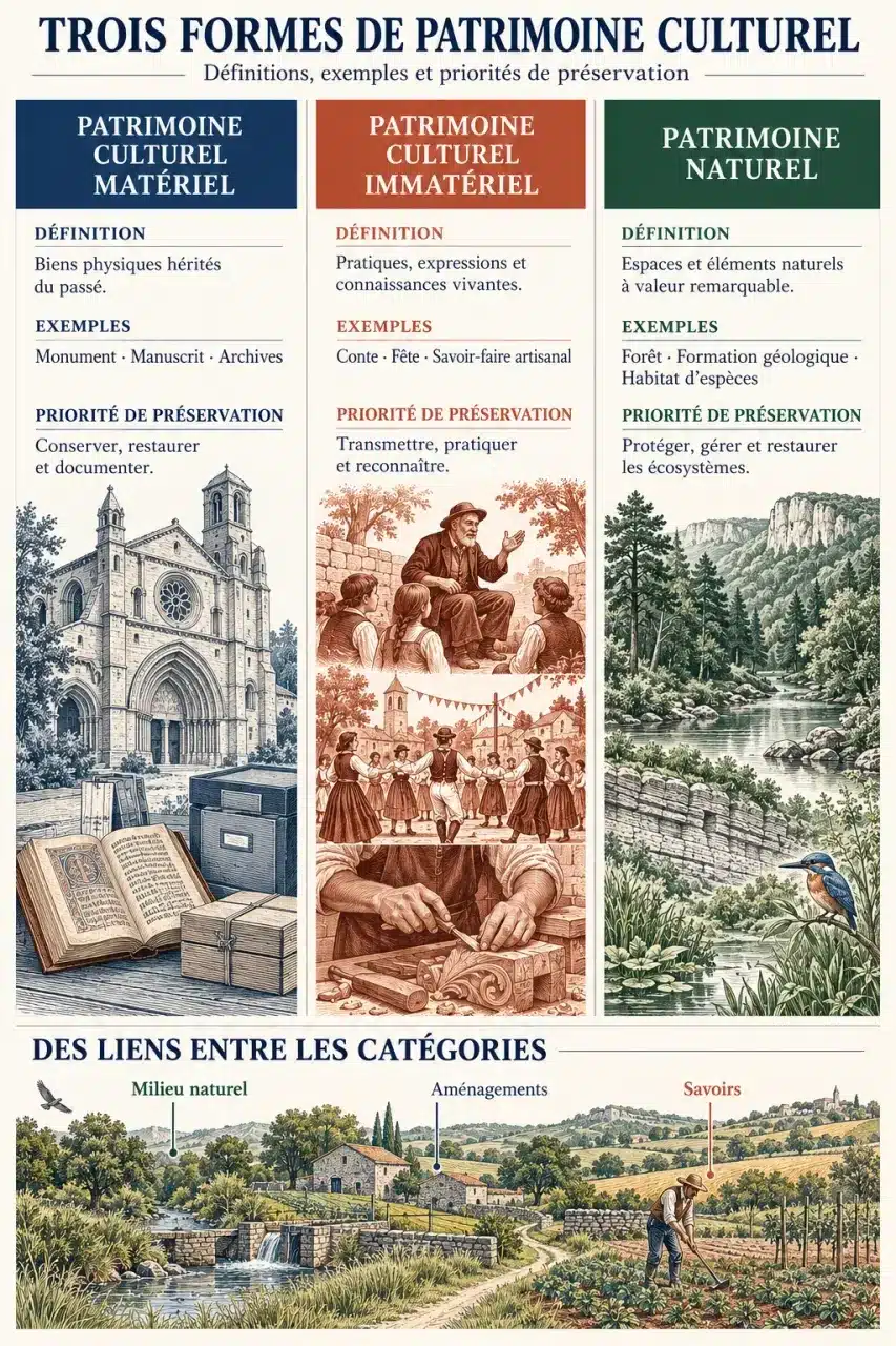 Infographie comparative du patrimoine culturel matériel, immatériel et naturel
