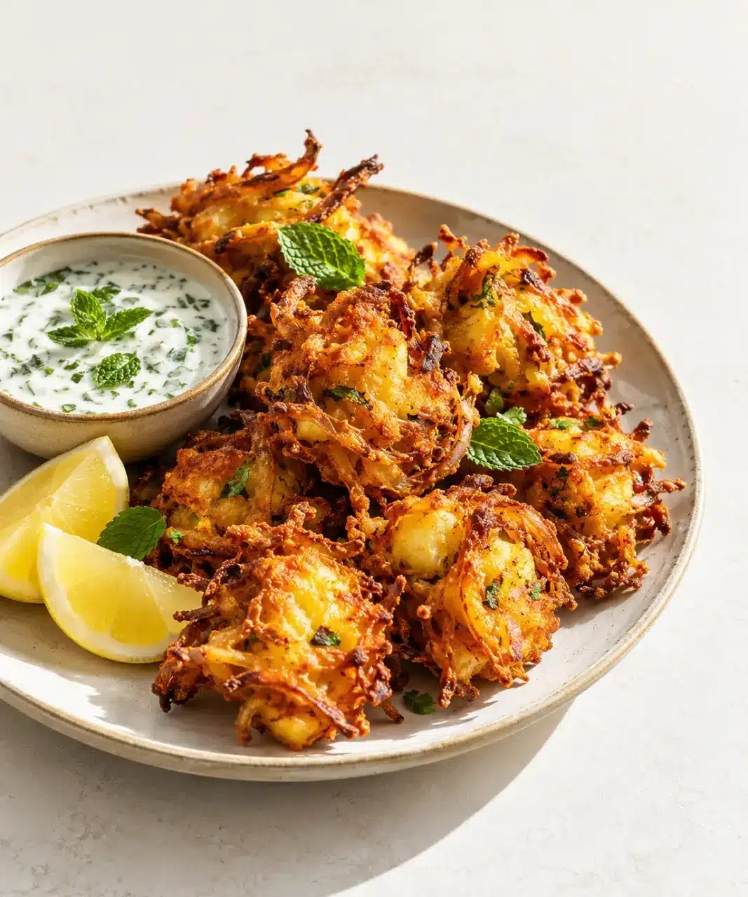 Pakora pakora à l’oignon et à la pomme de terre servi avec citron et sauce fraîche