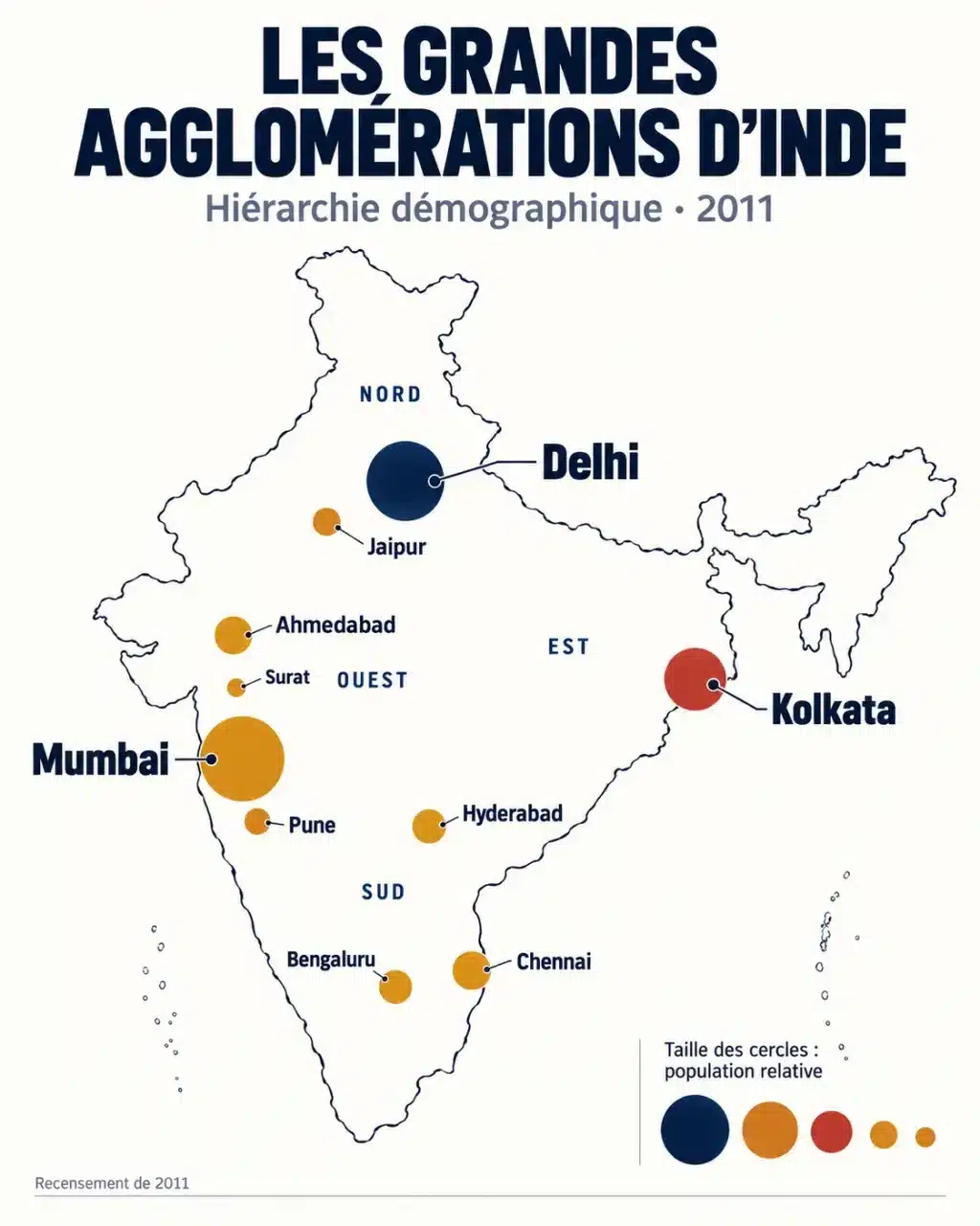Infographie des principales villes d’Inde classées par population selon le recensement de 2011