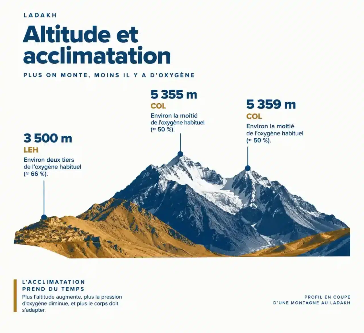 Schéma de l'altitude et de l'oxygène disponible pour un trekking au Ladakh, de Leh aux cols de 5000 mètres
