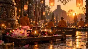 Fête bouddhiste Vesak à Sarnath : bougies, fleurs de lotus et encens fumant