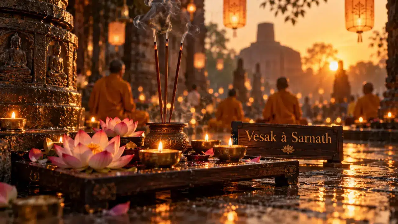 Fête bouddhiste Vesak à Sarnath : bougies, fleurs de lotus et encens fumant