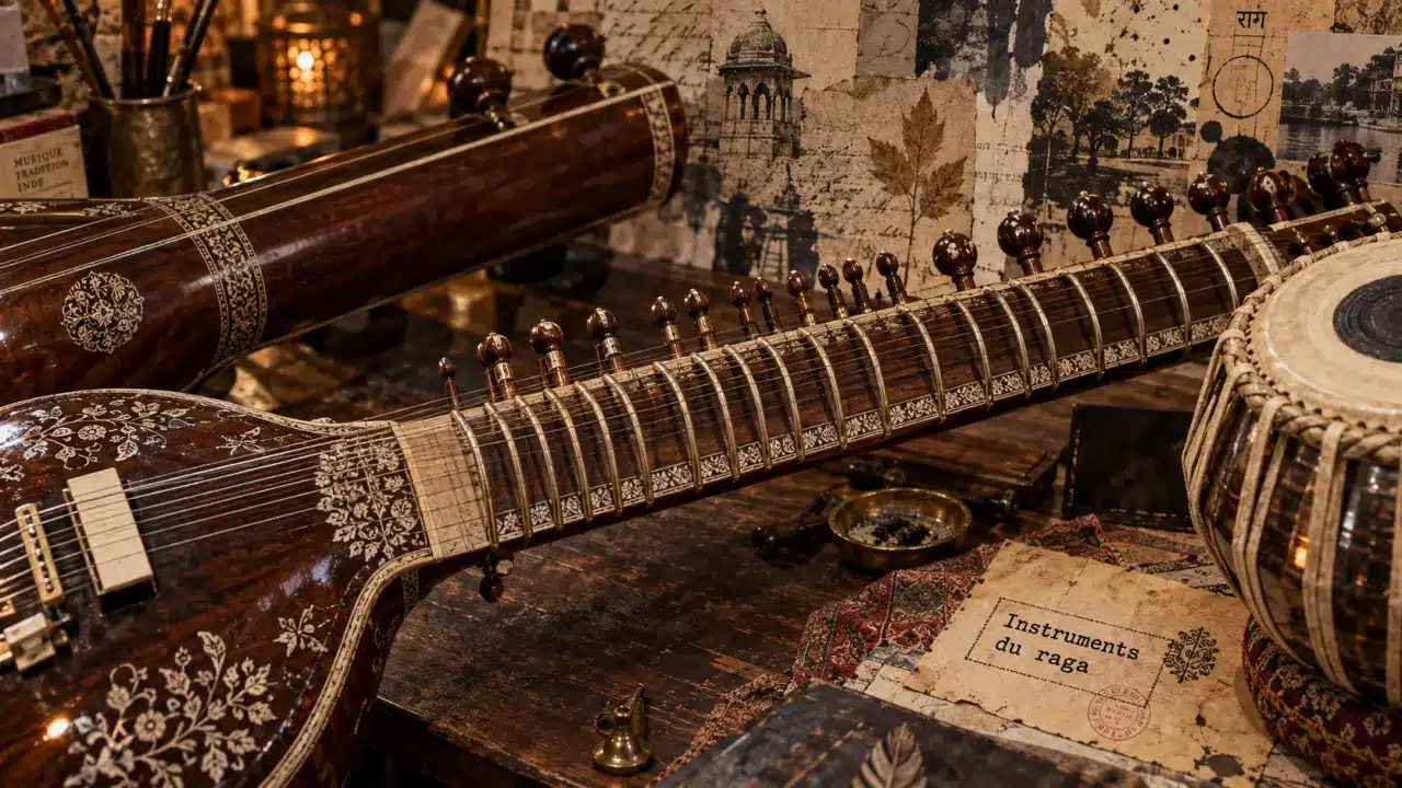 Instrument indien : sitar et tanpura, plan rapproché sur cordes et frettes