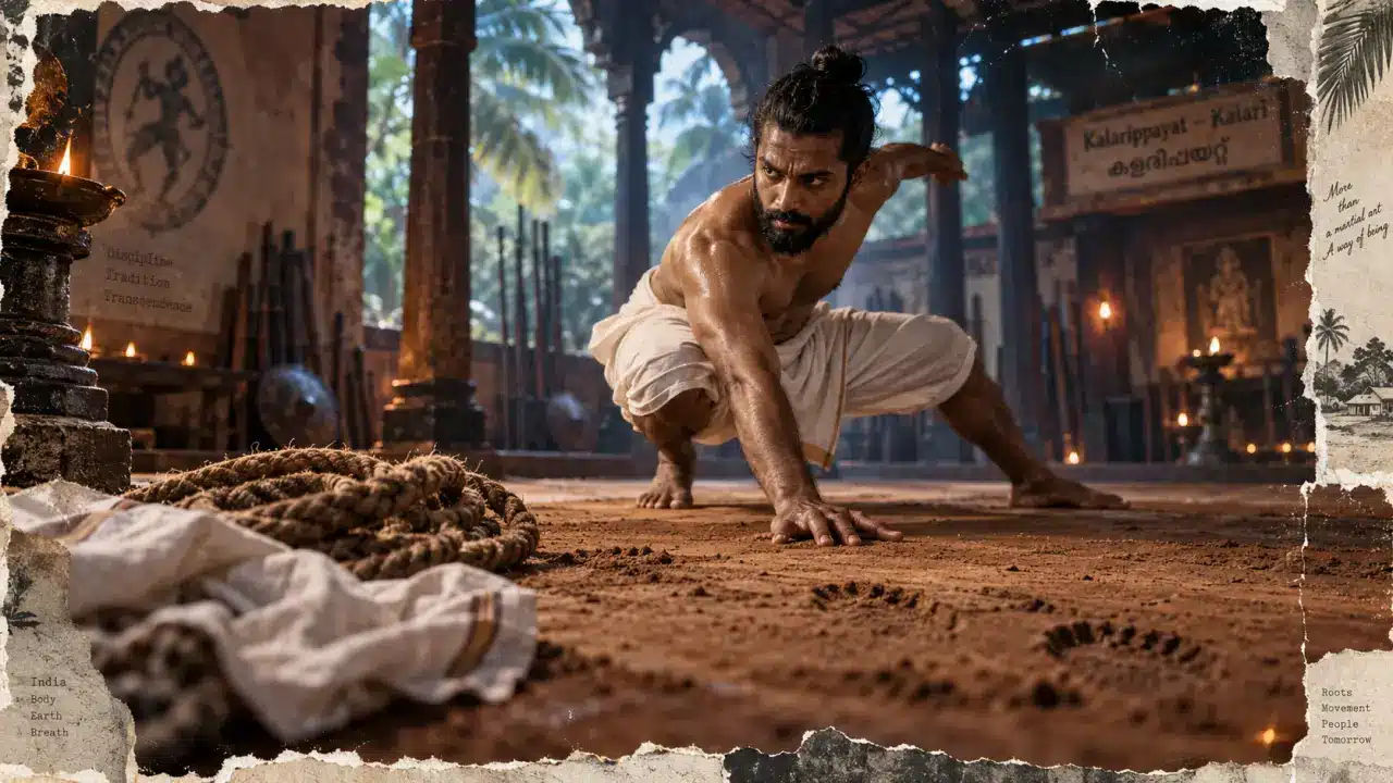Kalarippayat dans un kalari du Kerala, praticien en posture