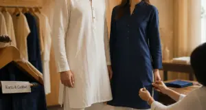 Kurtas homme et femme en coton blanc et viscose bleu nuit, tunique longue