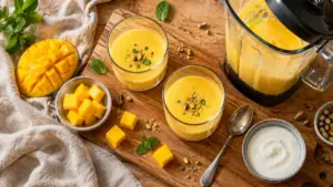 Lassi mangue velouté en verres, dés de mangue et yaourt