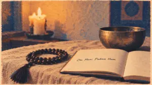 Mantra bouddhiste Om Mani Padme Hum, mala et carnet en méditation