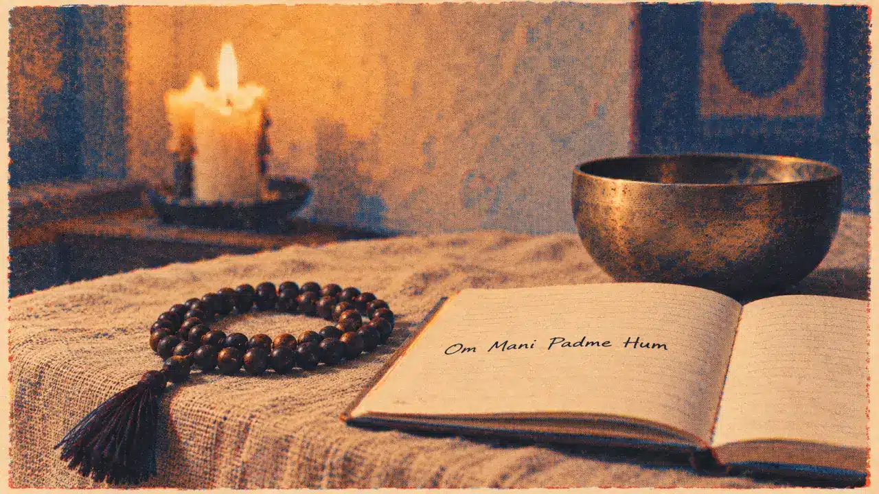Mantra bouddhiste Om Mani Padme Hum, mala et carnet en méditation