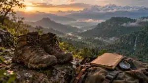Montagnes en inde : chaussures boueuses sur sentier, Ghâts et Himalaya en arrière-plan