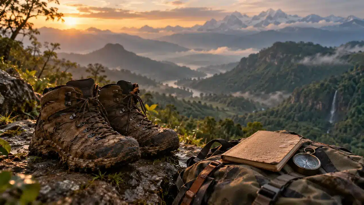 Montagnes en inde : chaussures boueuses sur sentier, Ghâts et Himalaya en arrière-plan