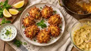 Pakora pakora croustillants aux légumes frits, citron et sauce yaourt