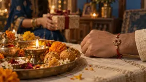 Raksha Bandhan : rakhi rouge et doré noué au poignet, signe de relation