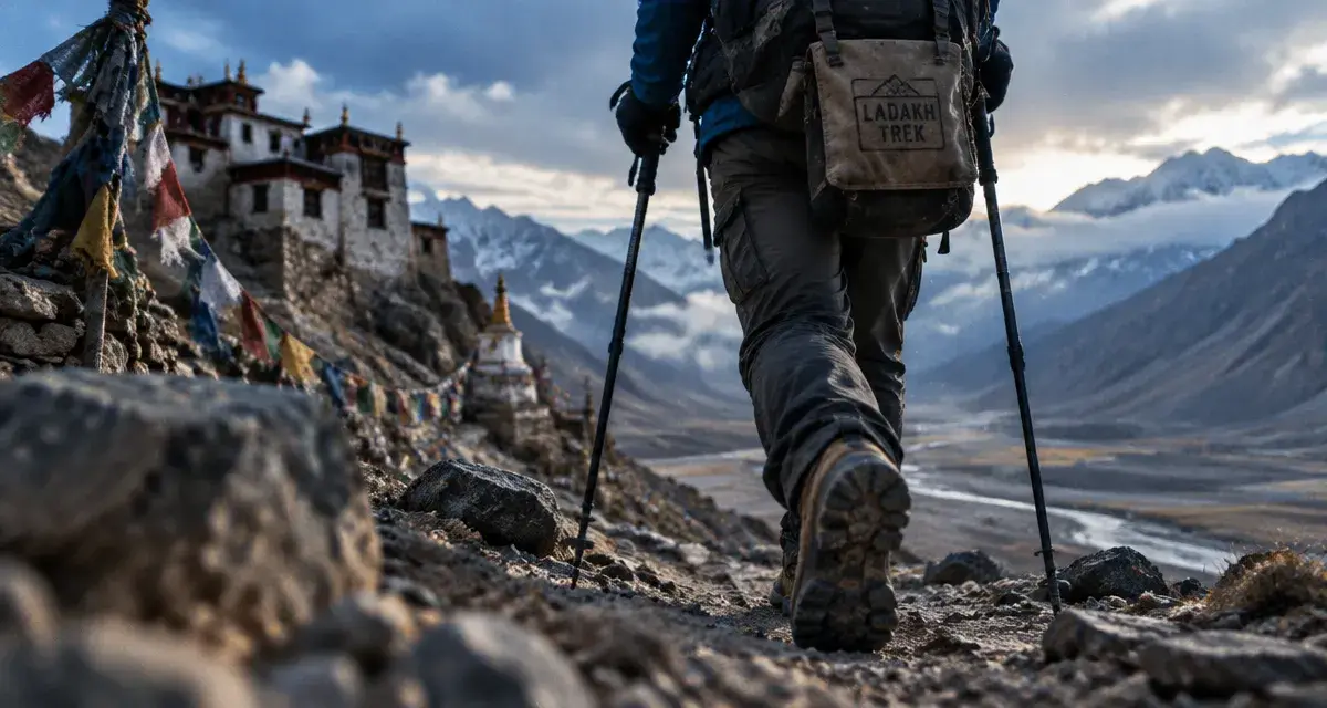 Trek inde himalayenne au Ladakh : trekkeur, monastère et sentier rocailleux
