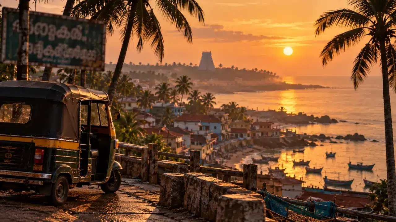 Trivandrum au golden hour, auto-rickshaw et gopuram près des backwaters
